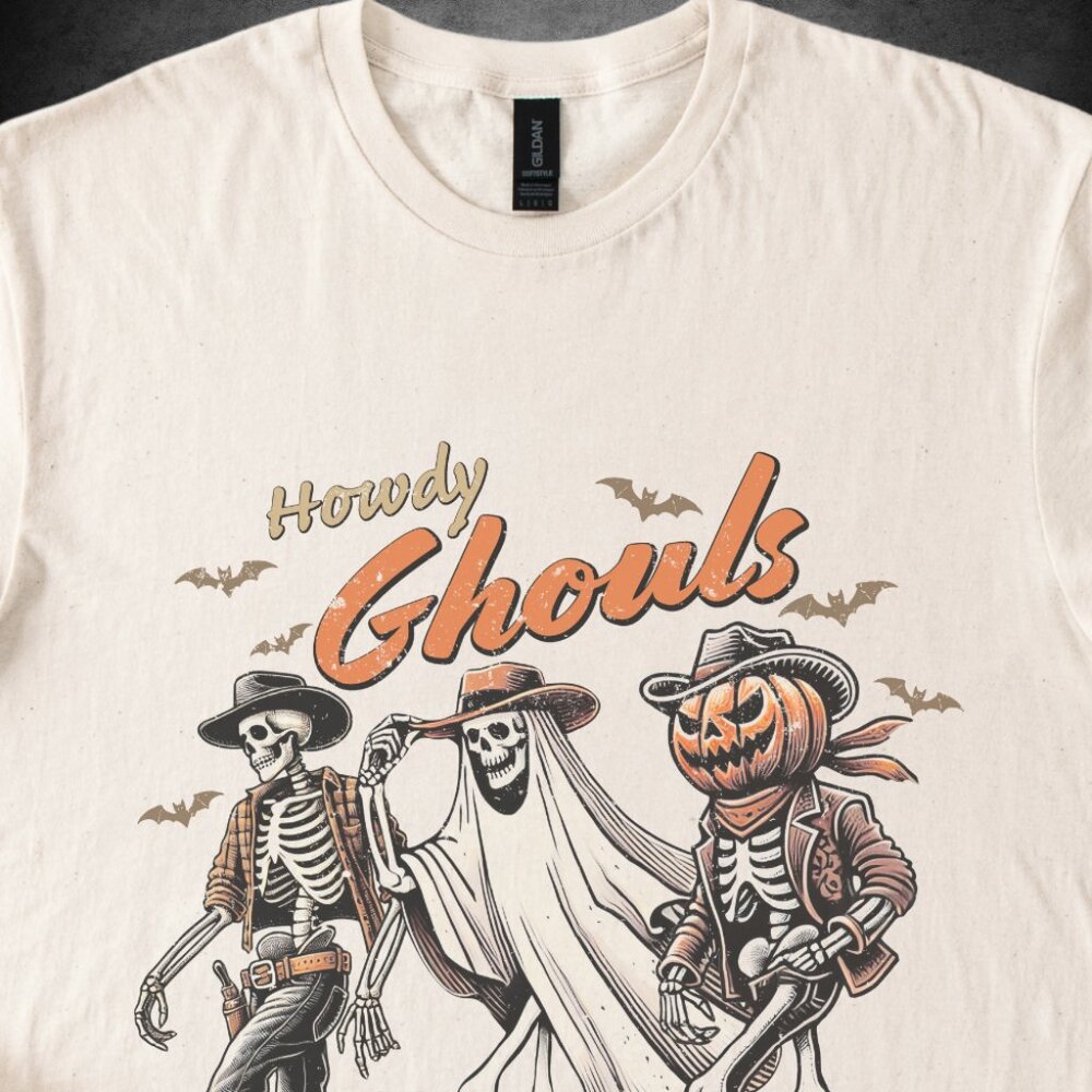 Howdy Ghouls western halloween shirt spooky cowboy skeleton graphic - Picture 2 of 5